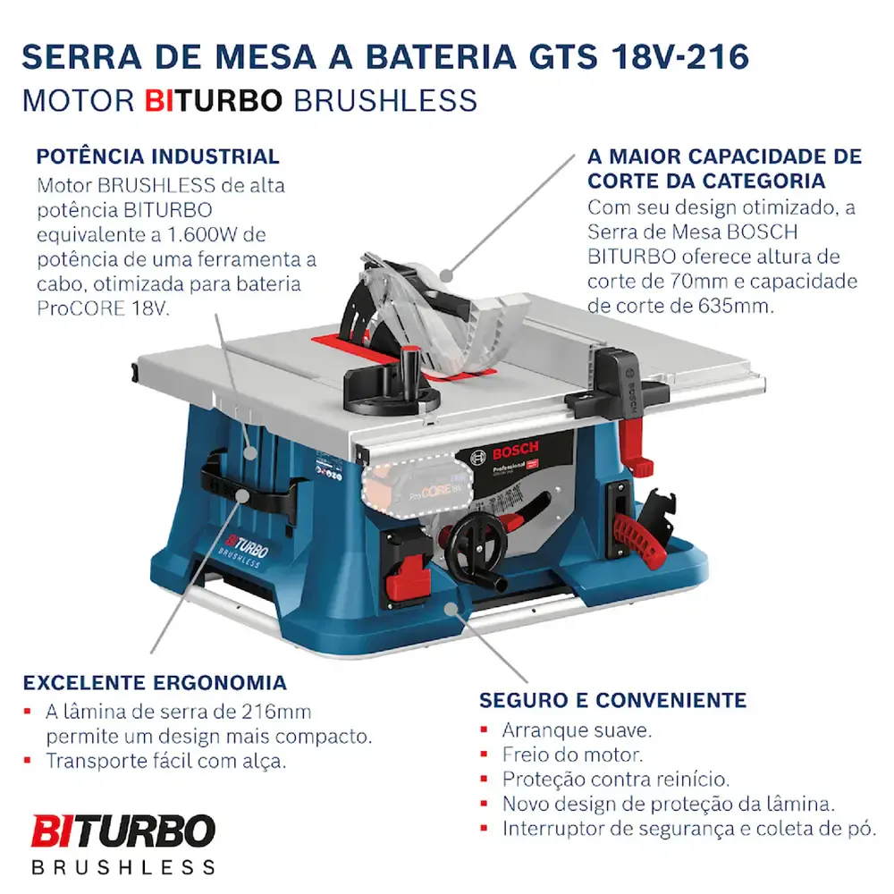 Serra circular de mesa 8 POL à bateria GTS 18V-216 brushless sem bateria Bosch — fotografia 3