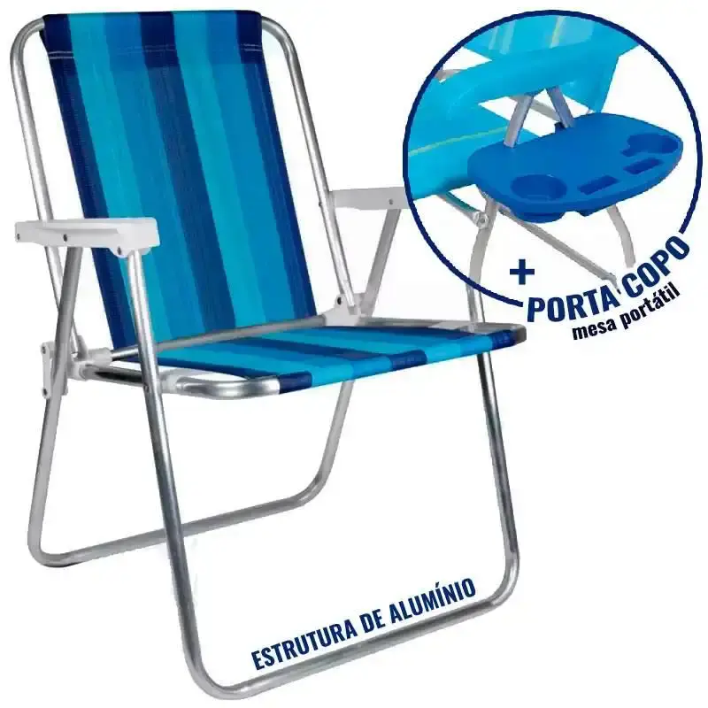 Cadeira de praia alta em alumínio cores variadas 2101 + mesa portátil porta copos Mor