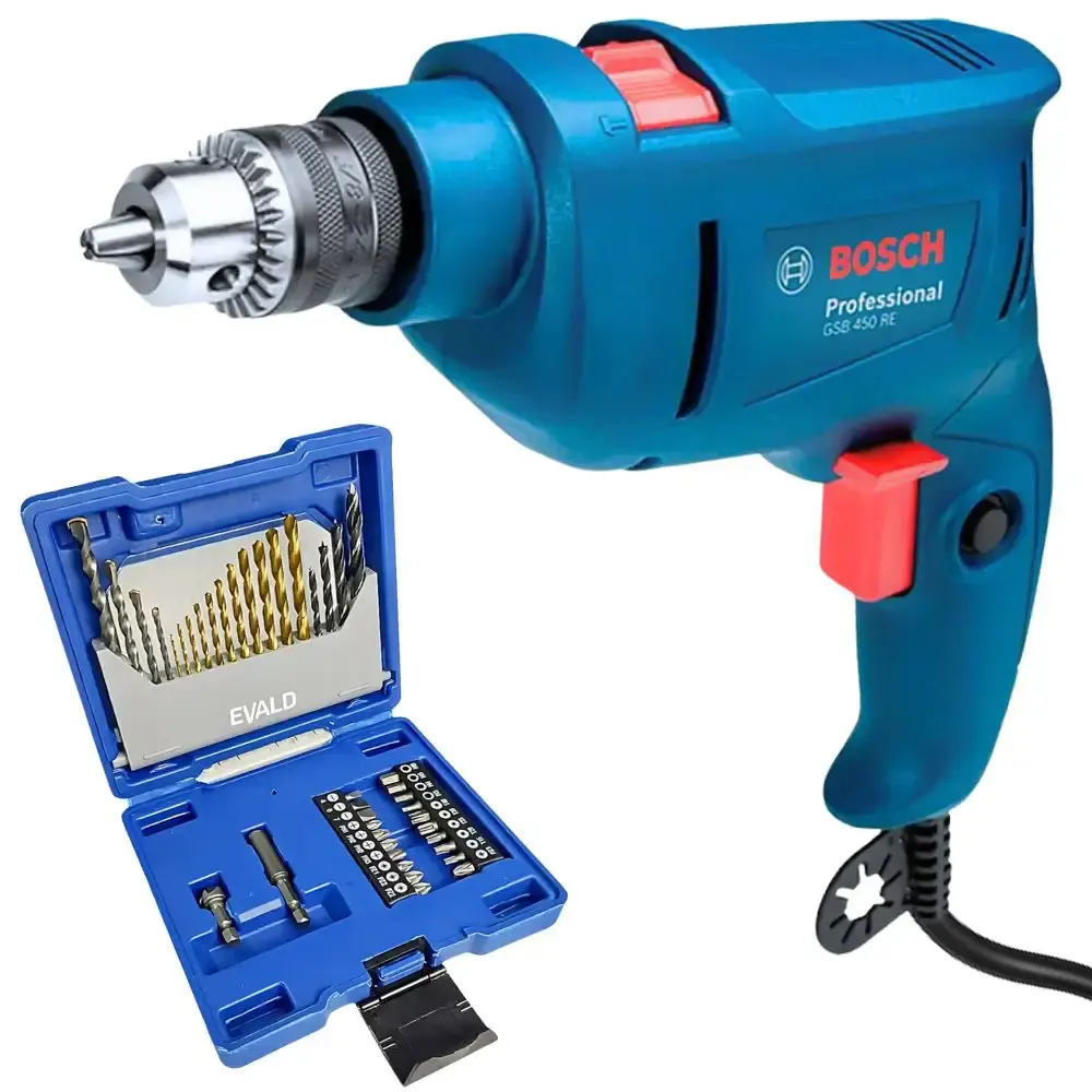Furadeira de impacto 3/8 POL 450W com estojo 41 peças brocas e pontas evald 220 V Bosch — fotografia de referência