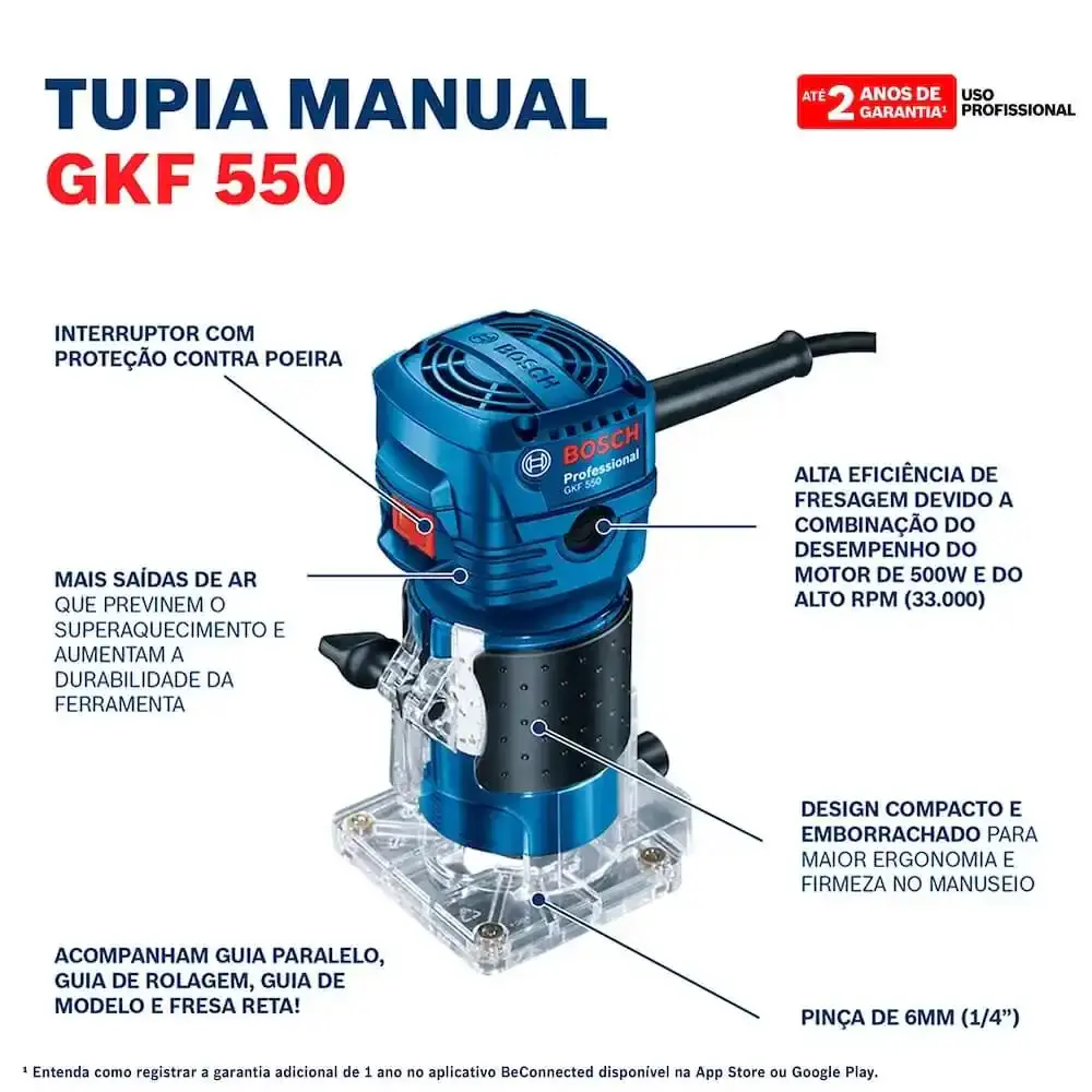 Tupia profissional 6 MM 550W com 2 pinças GKF 550 Bosch 110 V — fotografia 10