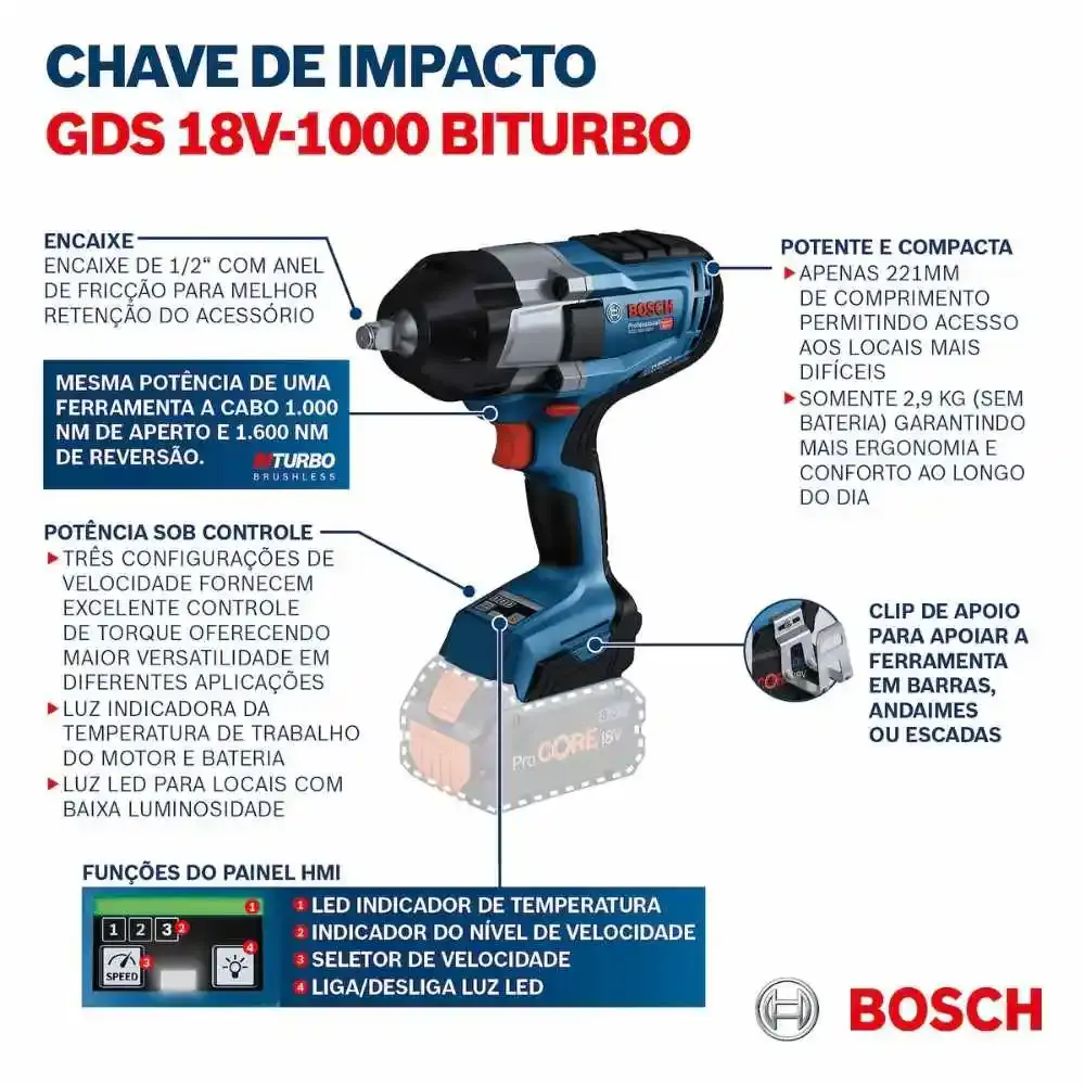 Chave de impacto 18V 1/2 POL 1000 NM brushless com bateria Bosch — fotografia 4