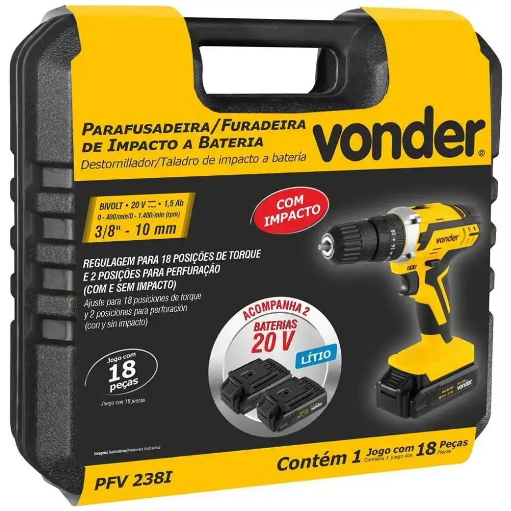 Parafusadeira de impacto 20V com 2 baterias kit brocas 18PÇS vonder e estojo de pontas 41PÇS Evald — fotografia 5