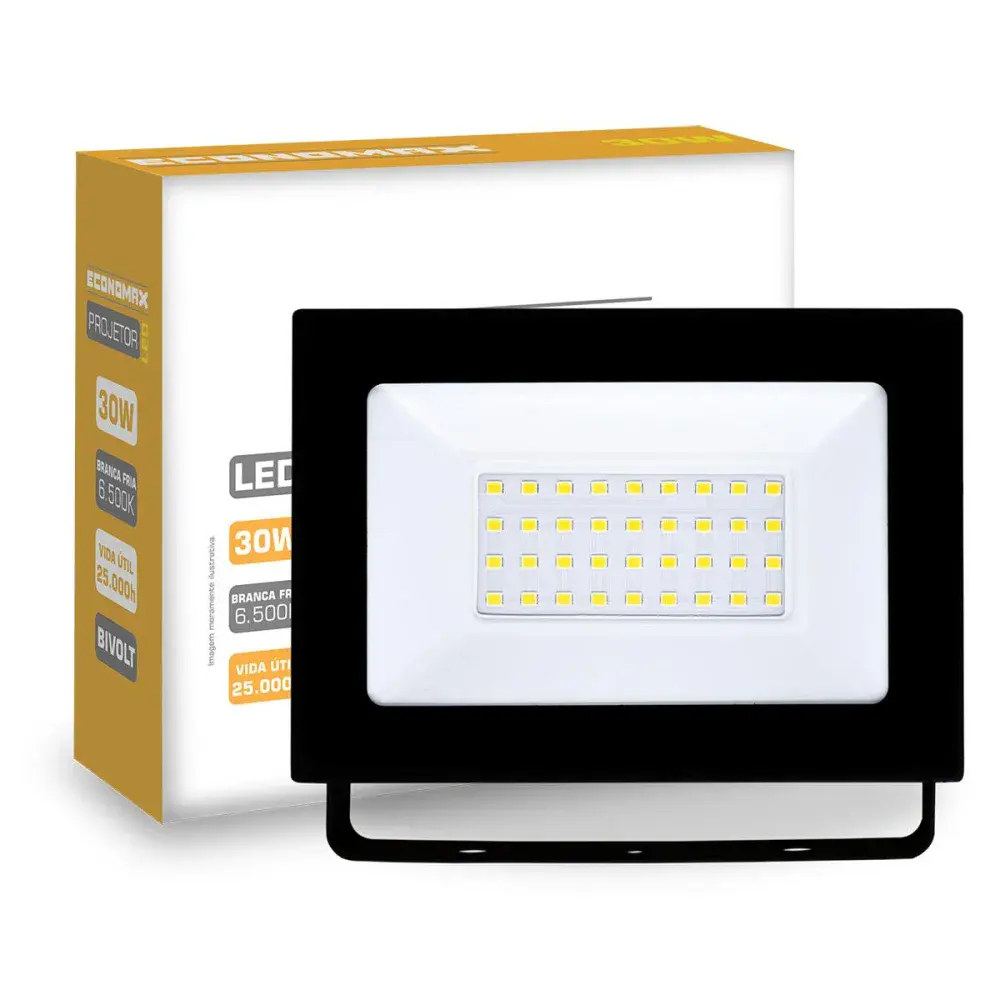 Refletor de led preto 1800LM 30W 6500K biv Economax