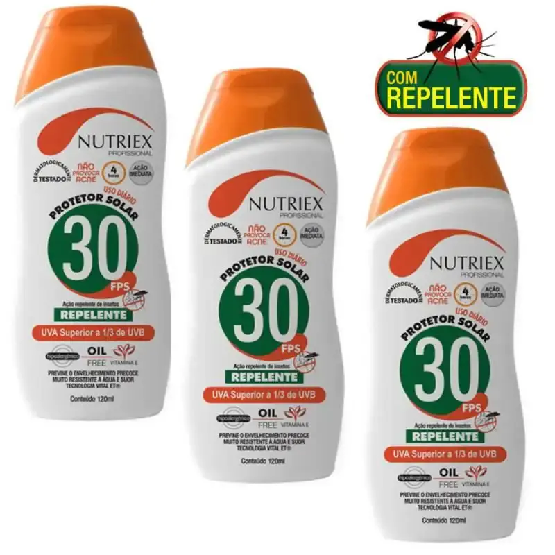 Protetor solar FPS 30 com repelente 120 ML bisnaga com 3 peças Nutriex — fotografia 2