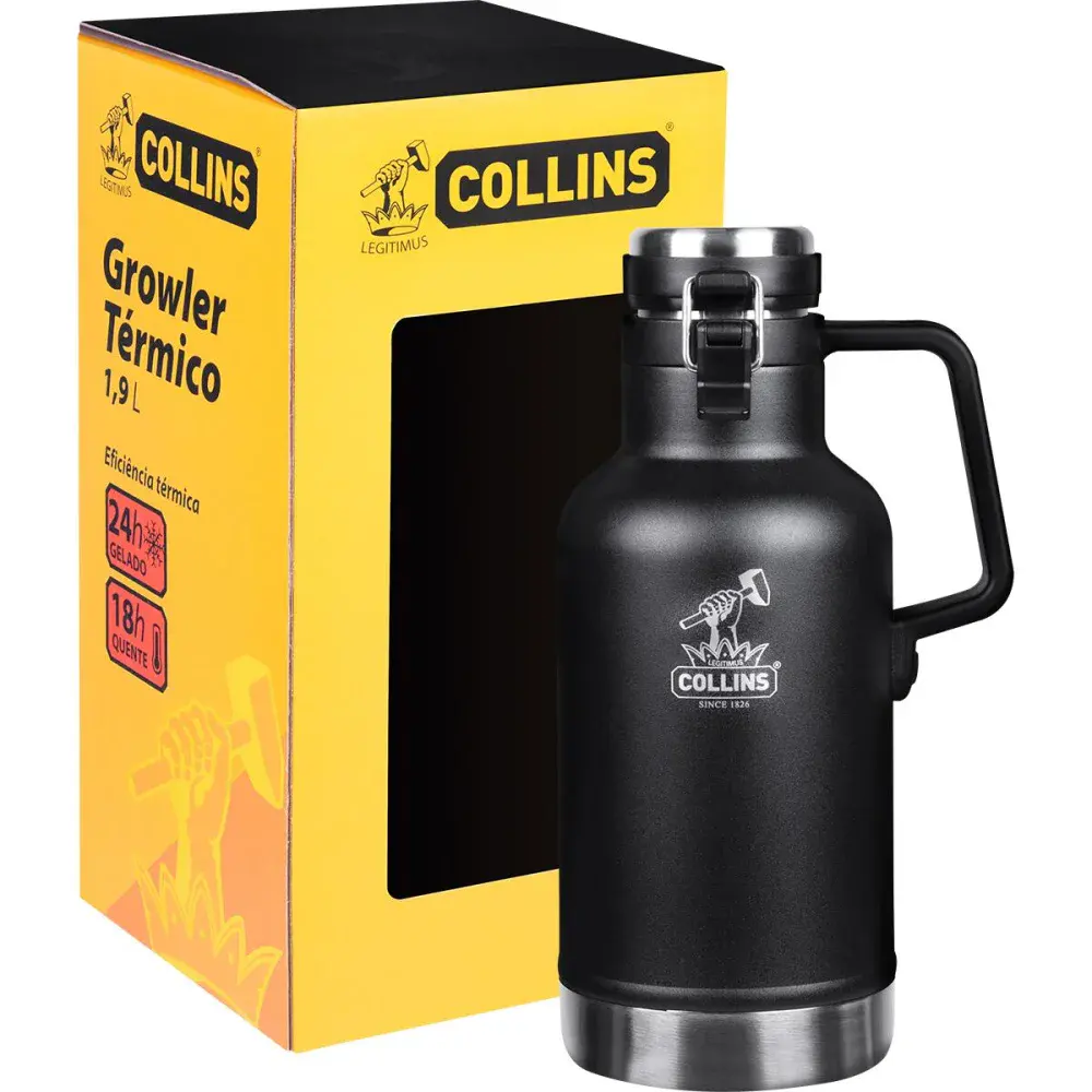 Growler térmico em aço inoxidável preto 1,9L Collins