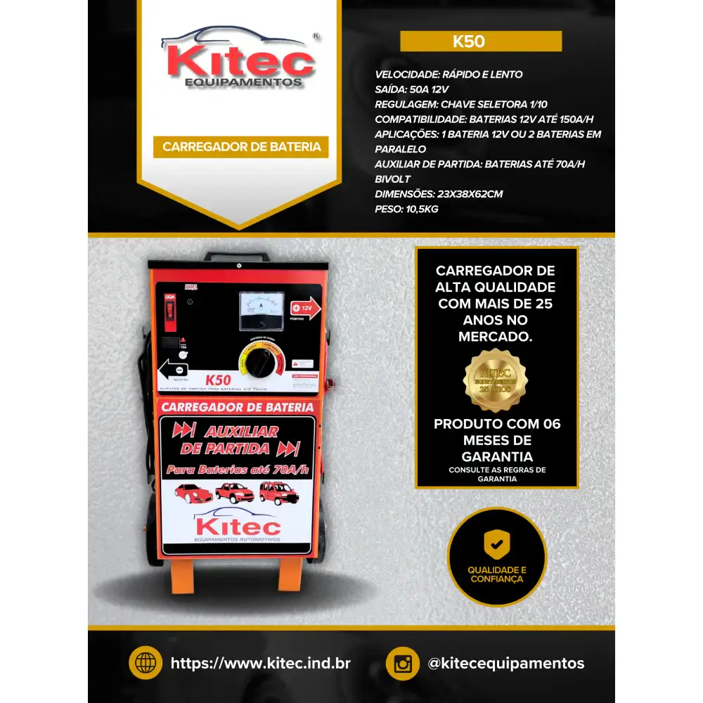 Carregador de bateria 50AH 12V com chave CK12A50B Kitec — fotografia 2
