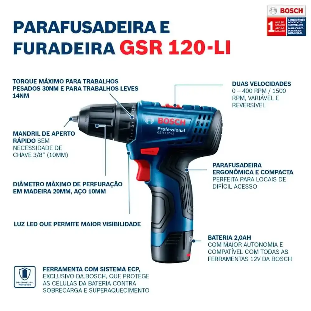 Parafusadeira e furadeira à bateria 12V GSR 120-LI com 1 bateria e maleta Bosch Bivolt — fotografia 6