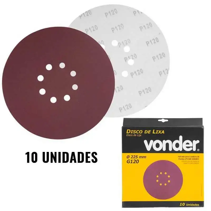 Disco de lixa para lixadeira de teto LPV 600 e LPV 1000 grão 120 kit 10 unidades Vonder — fotografia de referência
