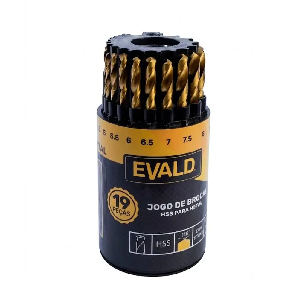 Jogo de brocas aço rápido 1 a 10 MM HSS titânio kit com 19 peças Evald — fotografia de referência