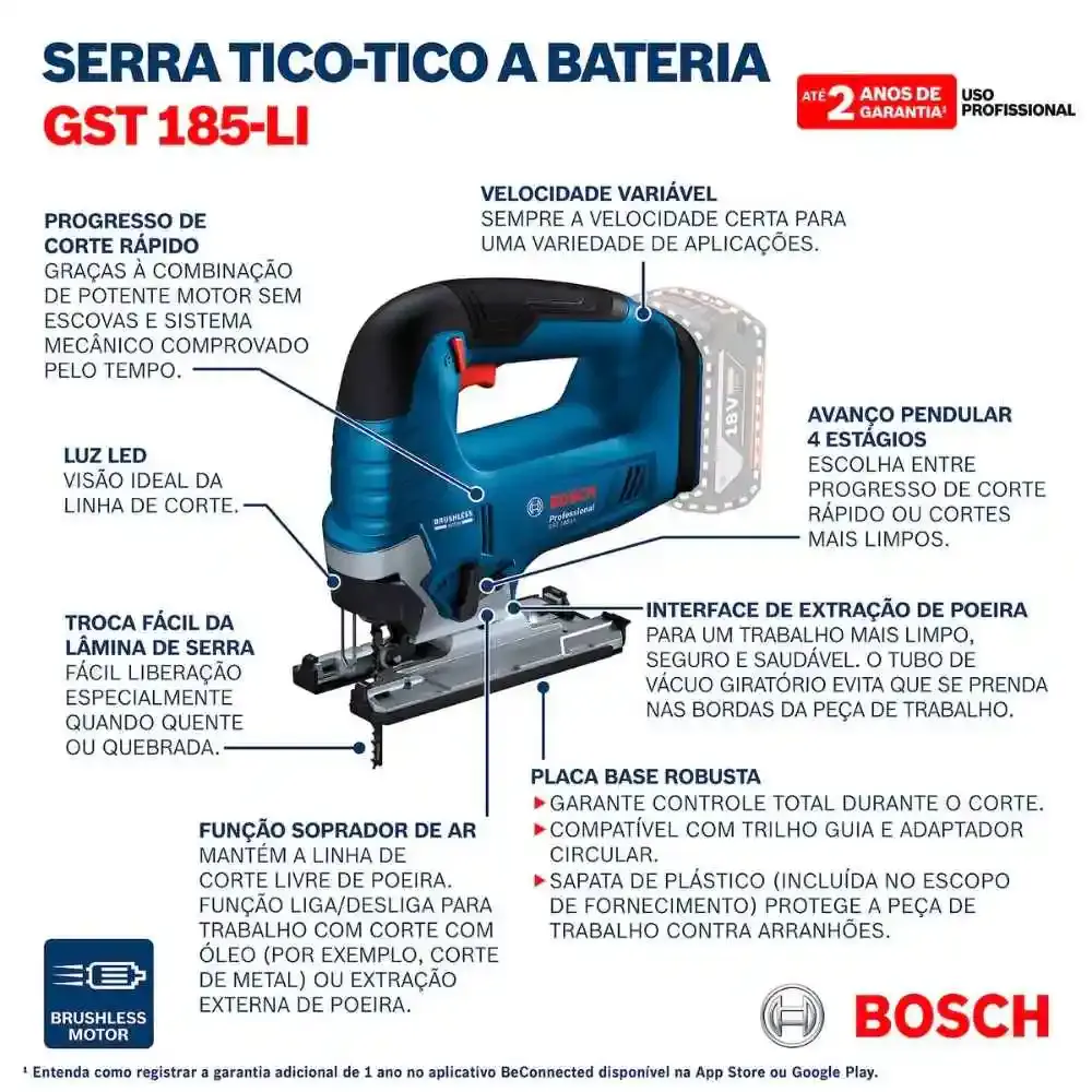 Serra tico-tico 18V GST 185-LI brushless com bateria 4AH Bosch — fotografia 4