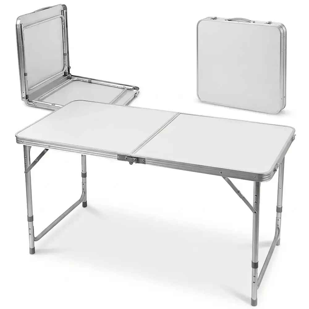 Mesa dobrável vira maleta camping de alumínio 120CM x 60CM branca 3 níveis de altura Zelt