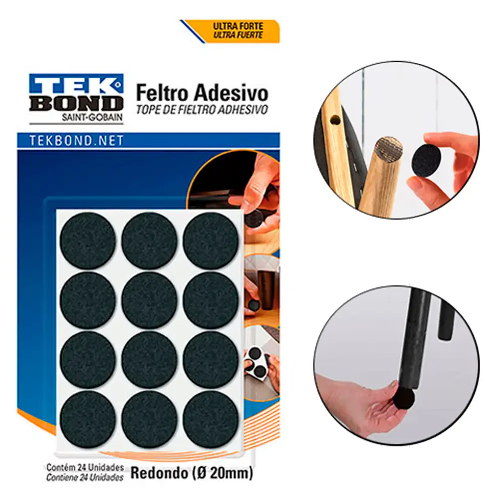 Feltro redondo preto 20MM com 24 unidades protege pisos e móveis 2370100200 Tekbond — fotografia de referência