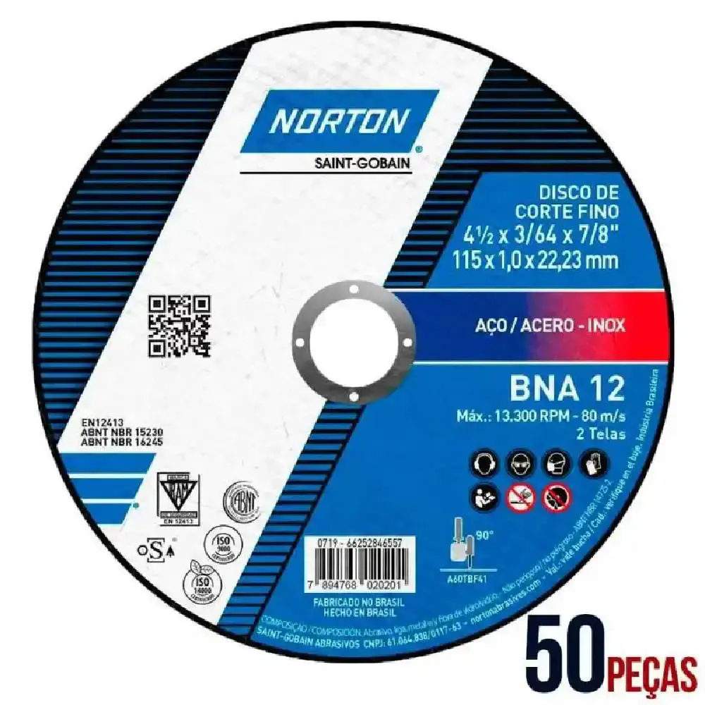 Disco de corte para metal e inox 4.1/2 POL BNA 12 kit com 50 unidades Norton — fotografia 4