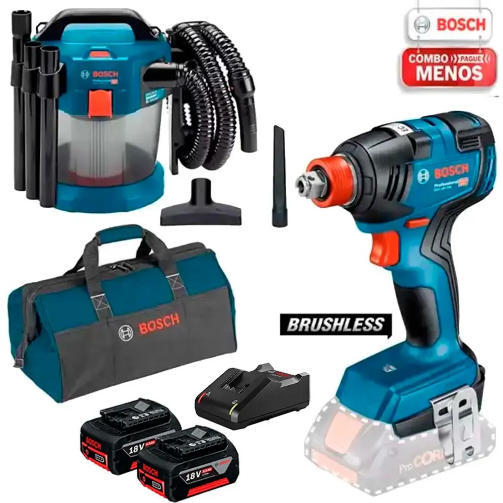 Chave de impacto 18V brushless 2 em 1 GDX18V-200 + aspirador pó e líquido 10L GAS 18V-10 Bosch