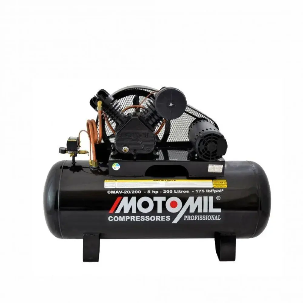 Compressor de ar profissional CMAV-20/200 5HP 200L 220/380V trifásico MotoMil