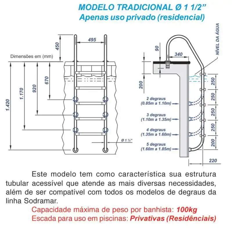 Escada para piscina 1.1/2 POL em aço inox com 3 degraus anatômicos em ABS Sodramar — fotografia 3