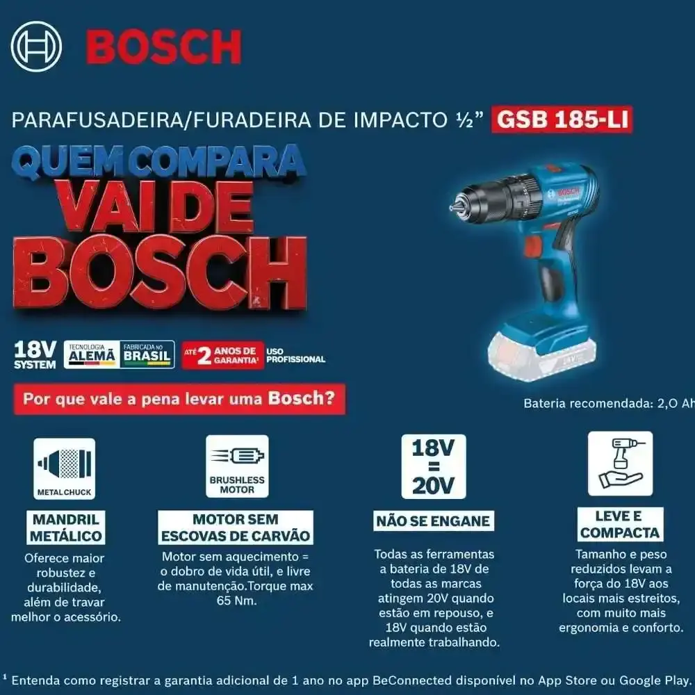 Parafusadeira de impacto 65NM brushless com 2 baterias 2,0AH carregador e kit brocas 15 peças Bosch — fotografia 12