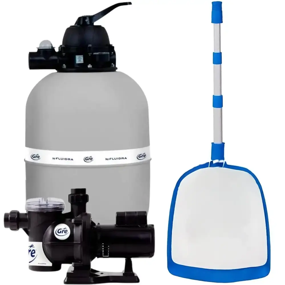 Filtro de piscina 86.000 litros e bomba 1 CV bivolt GRE com peneira de cabo telescópico Fluidra