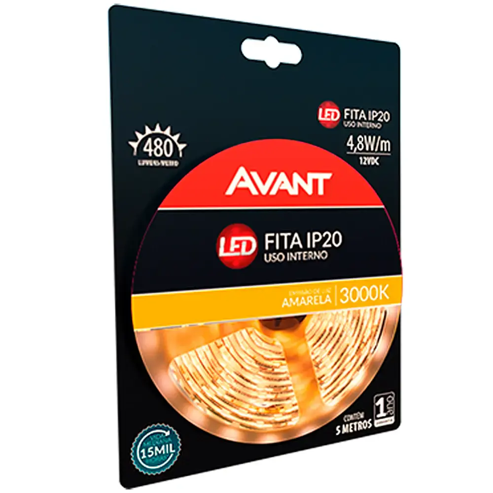 Fita led interna 5 metros 12V branco quente 4,8 w/m Avant