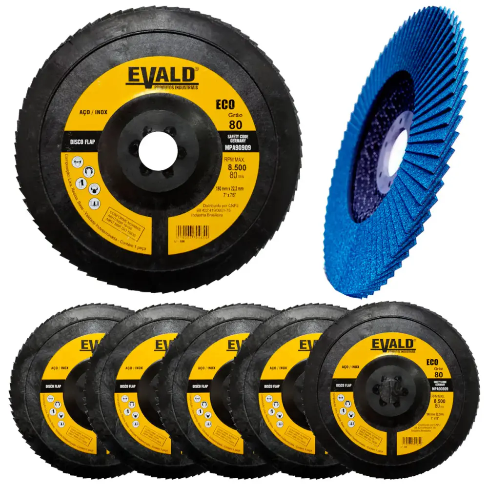 Disco de Lixa Flap Zirconio 7 POL 180 mm Aço Inox Grão 80 Kit 5 Unidades EVALD