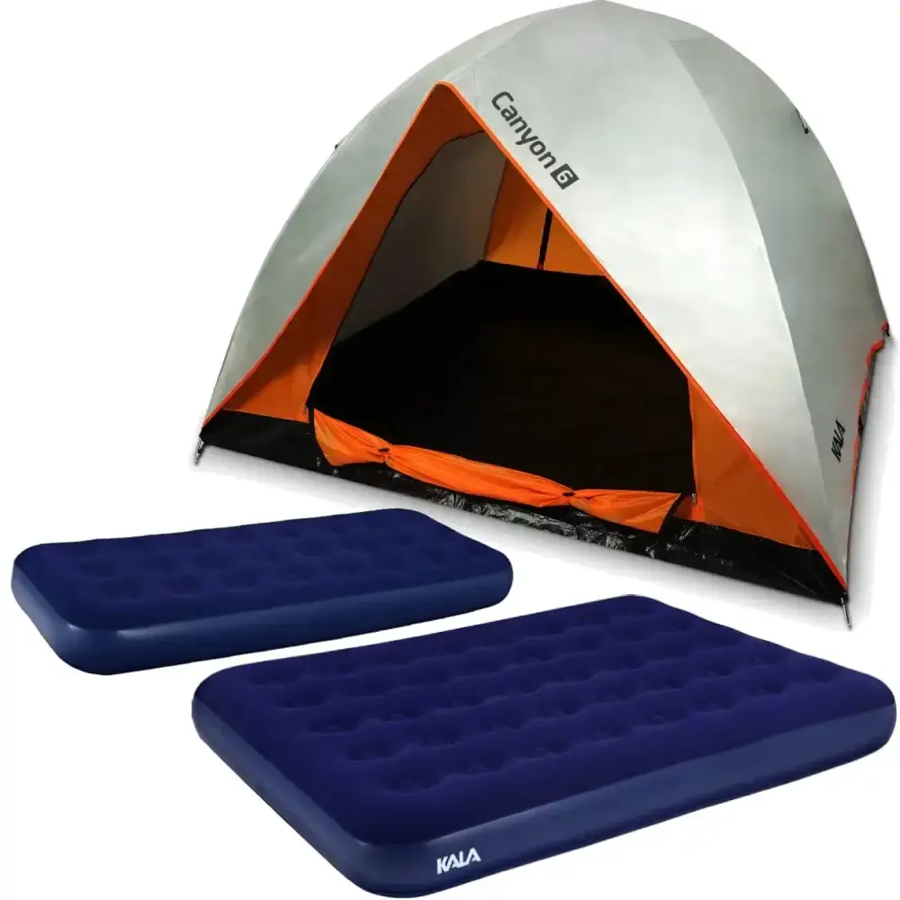 Barraca Camping até 6 Pessoas + Colchão Casal Inflável KALA + Colchão Solteiro Inflável BEL — fotografia de referência
