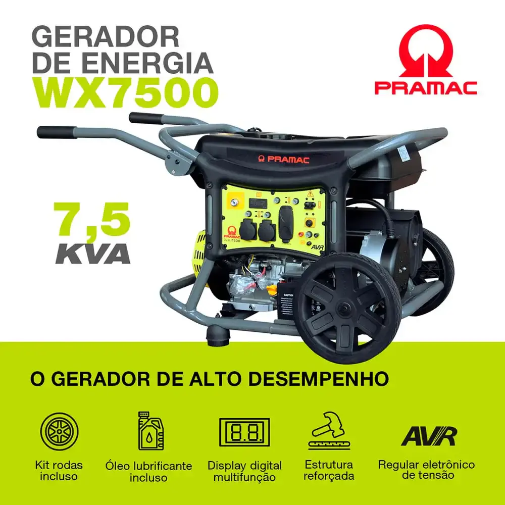 Gerador à gasolina 7.5 KVA digital com avr 4T WX7500 bivolt com bateria Pramac — fotografia 8