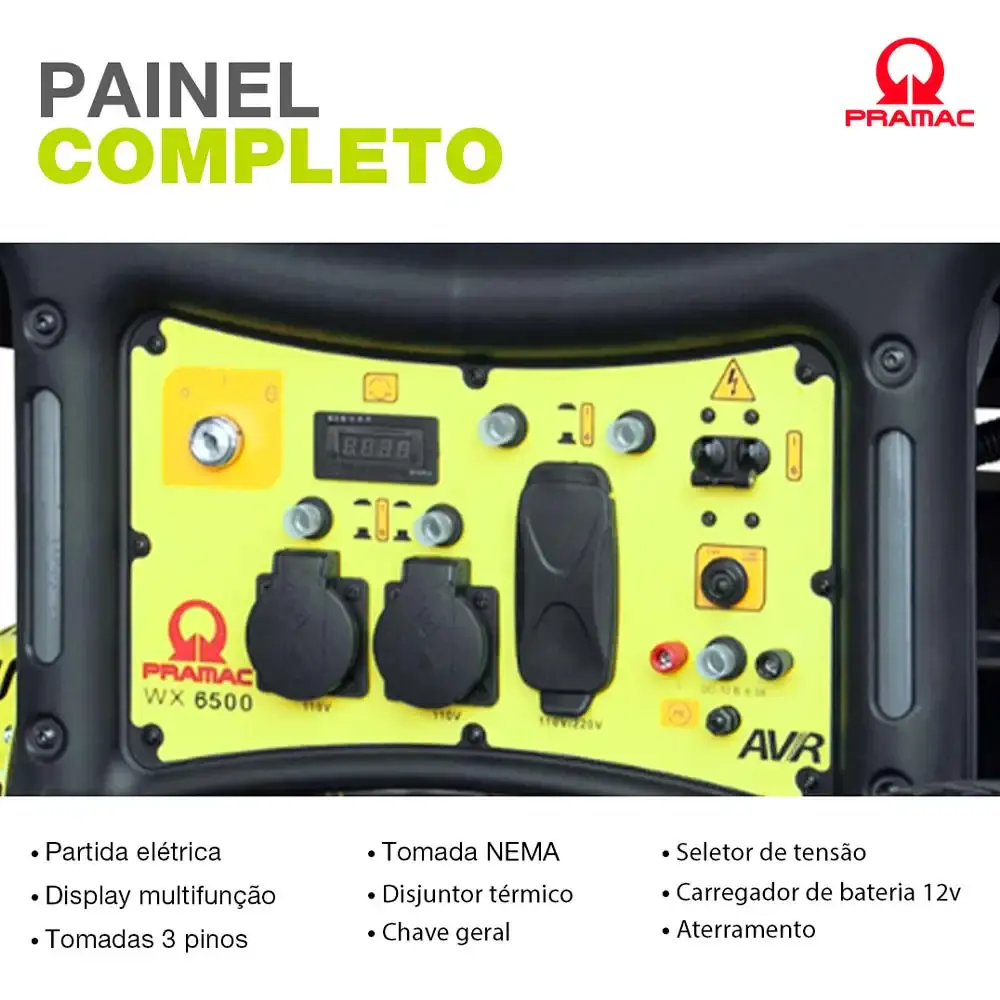 Gerador à gasolina 6.3 KVA com bateria 4T digital com AVR WX6500 mono bivolt PR652MXB003I Pramac — fotografia 8
