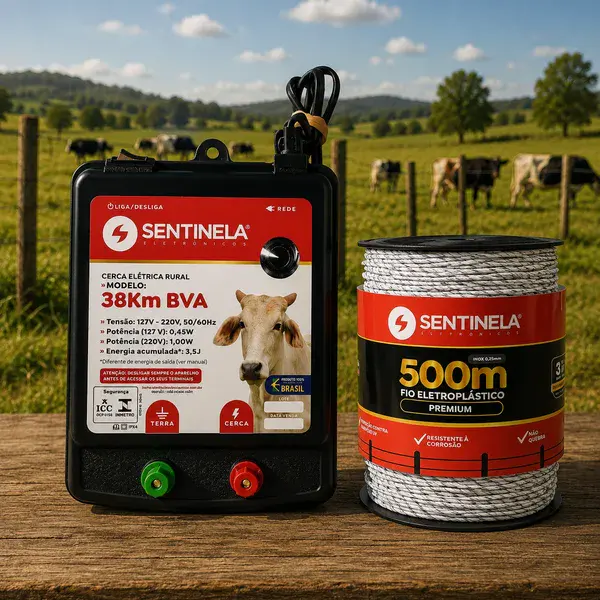 Kit eletrificador de cerca 38KM + 500M de fio eletroplastico premium Sentinela