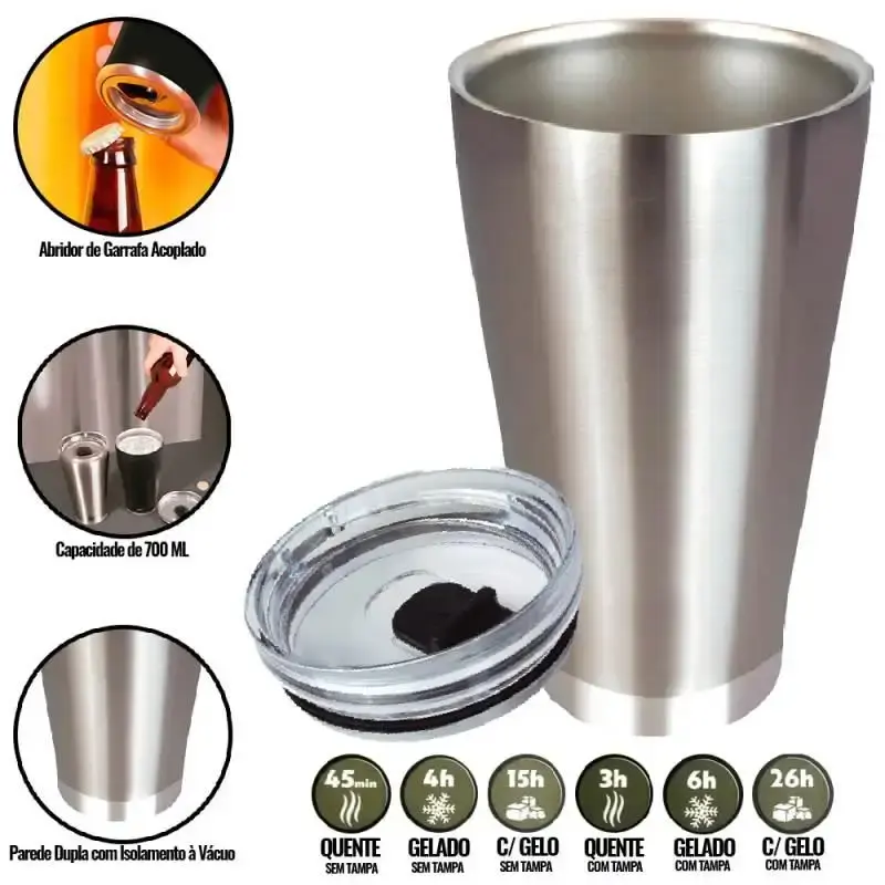 Copo Térmico de Cerveja Inox 700 ML c/ Tampa e Abridor - Conserva até 26h - MOR — fotografia de referência