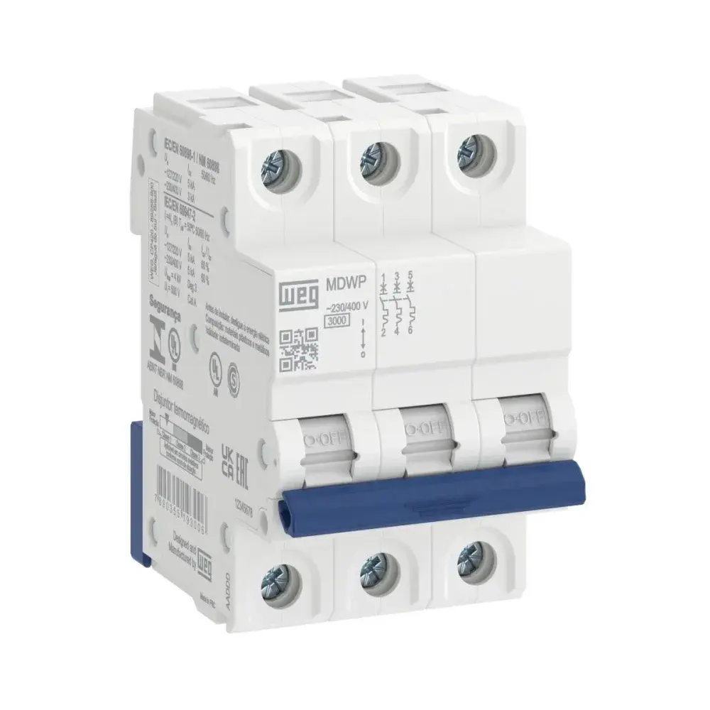 Disjuntor tripolar mdwp din curva c 10A 3KA WEG — fotografia 4