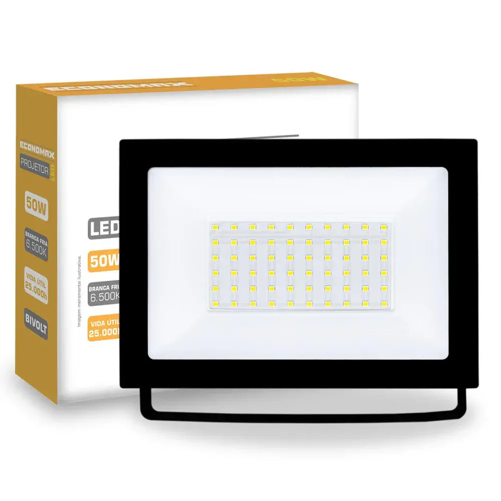 Refletor de led preto 3000LM 50W 6500K biv Economax
