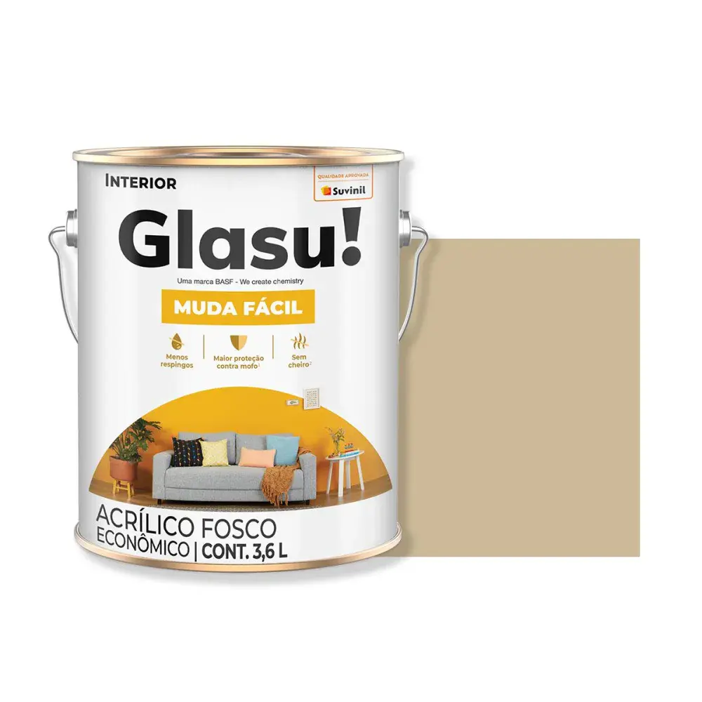 Tinta acrílica muda fácil fosco camurça 3,6L glasu Suvinil Glasu!