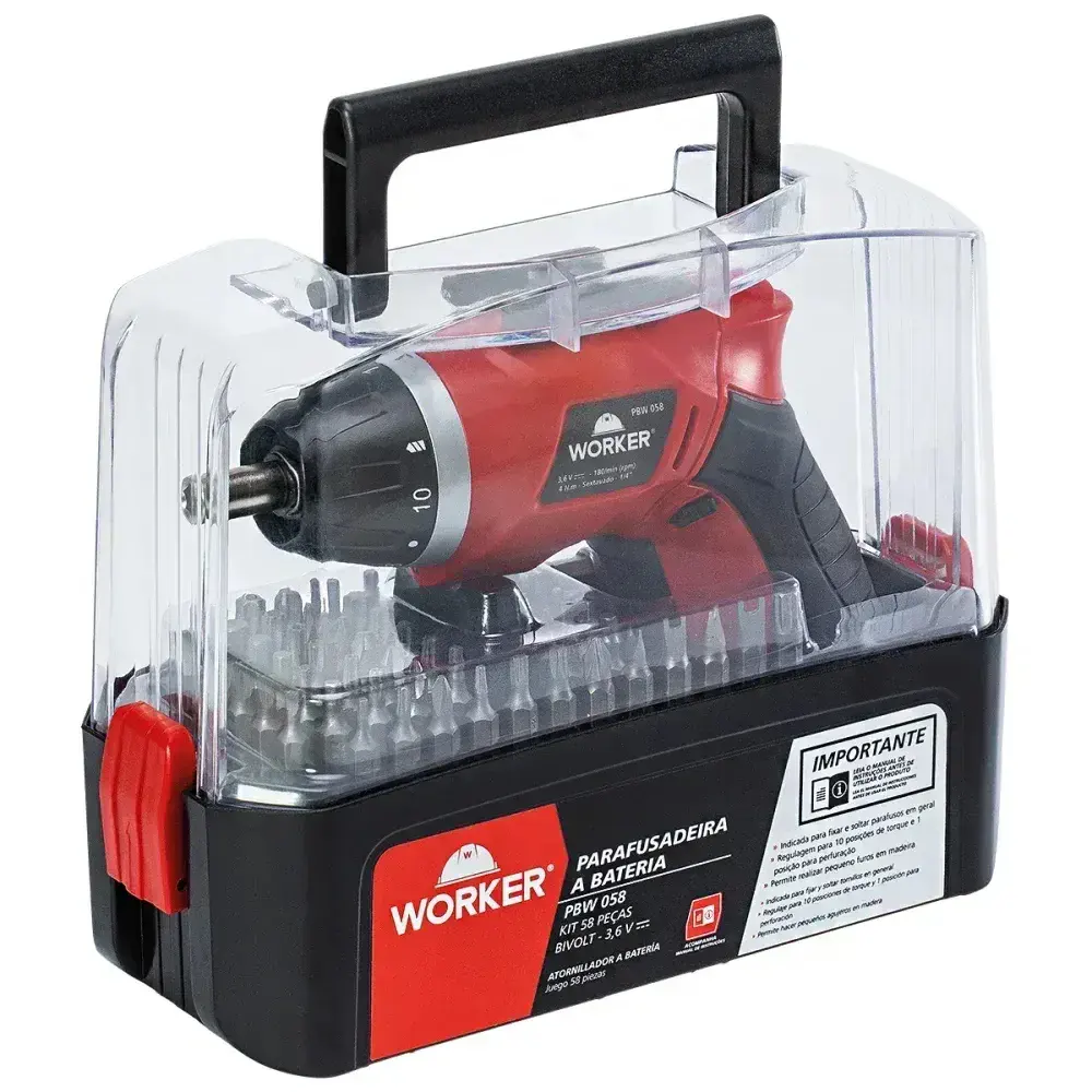 Parafusadeira furadeira a bateria 3,6V com 58 peç da Worker — fotografia 12