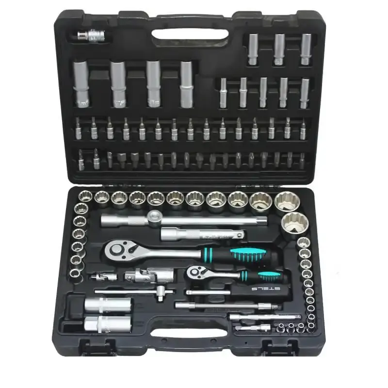 Kit chave catraca soquetes 1/2 e 1/4 aço cr-v 94 peças Stels + paquímetro de aço 6 POL MTX — fotografia 4
