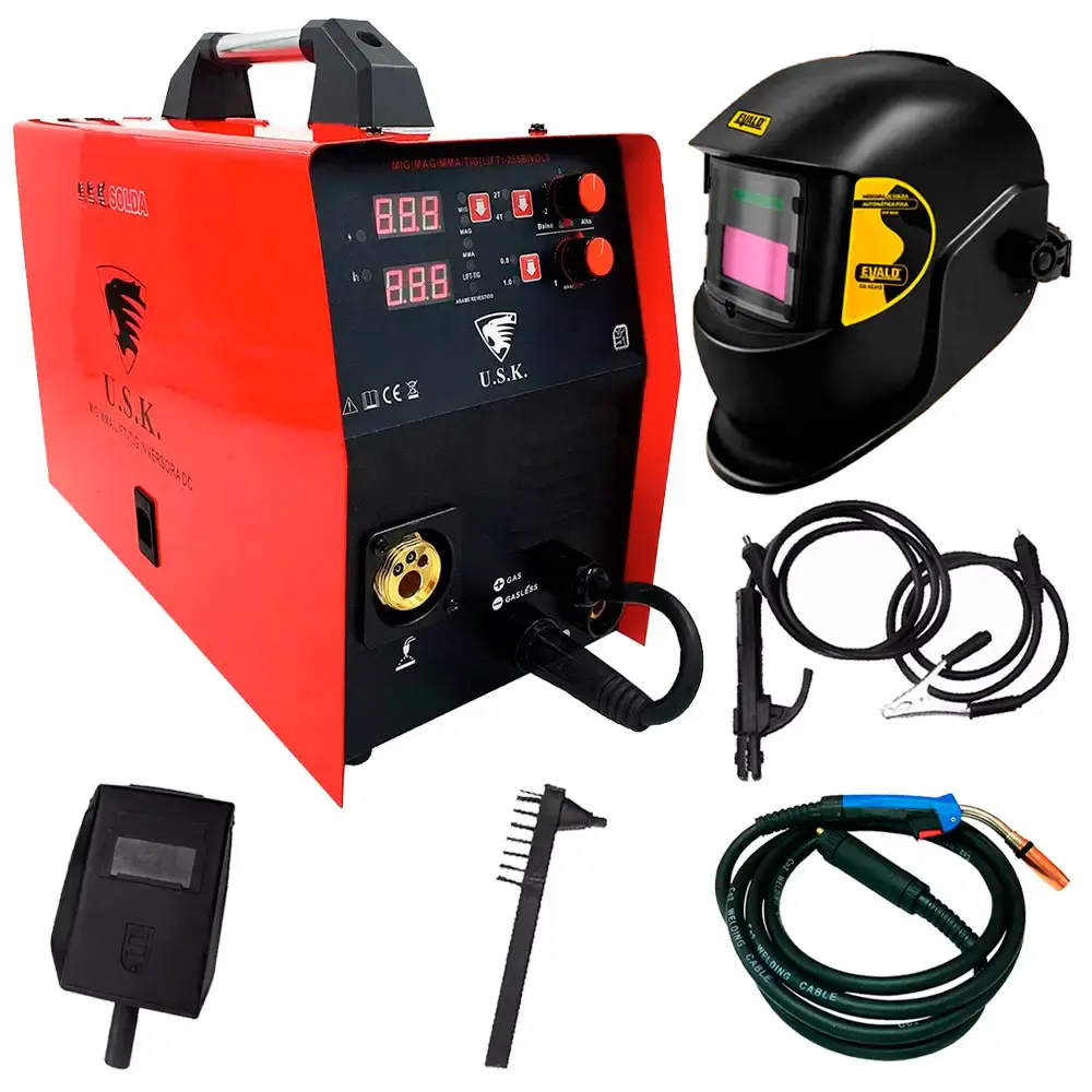 Kit maquina de solda inversora multiprocessos MIG MAG MMA TIG bivolt LIFT-255 USK + máscara de solda automática EVF-1020 evald