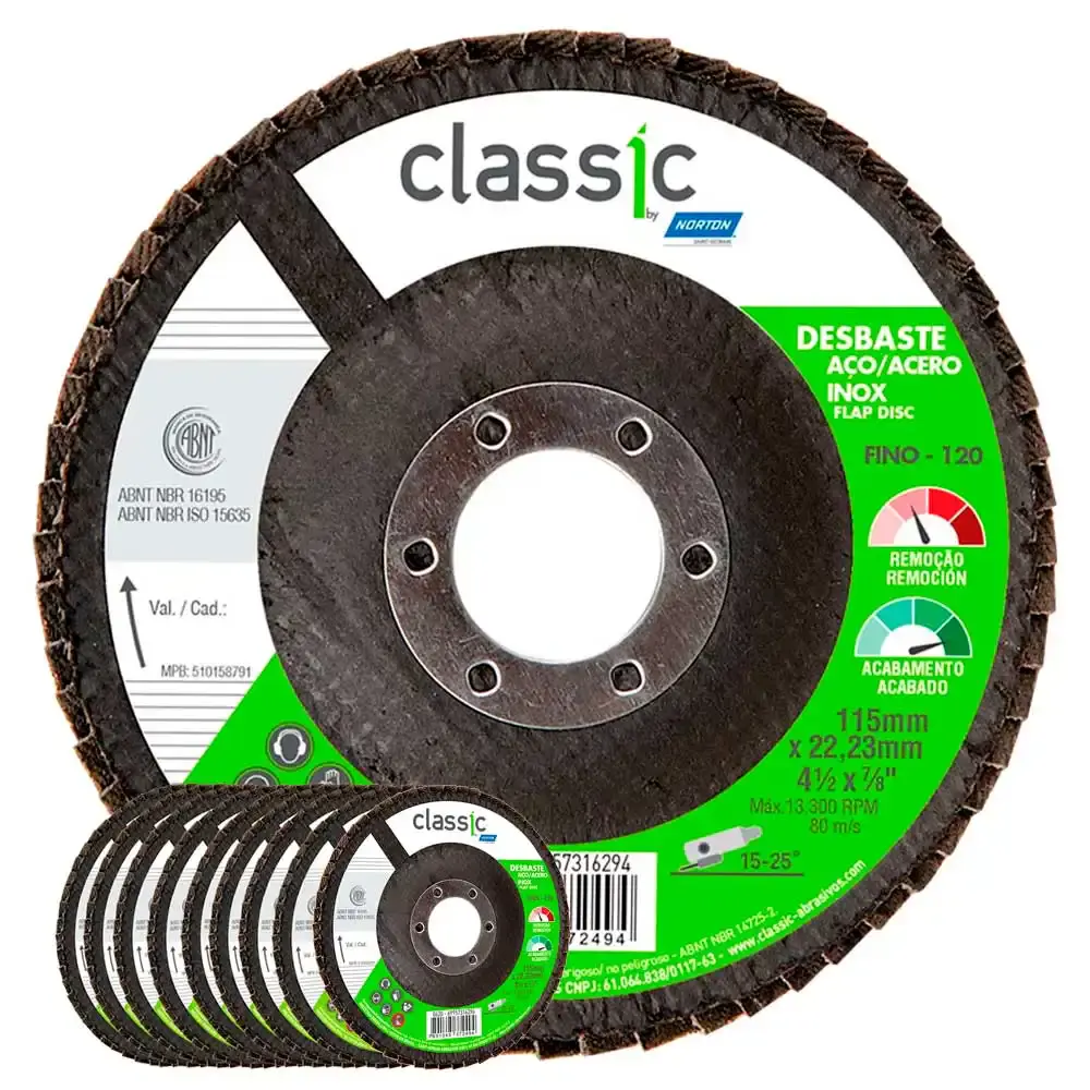 Disco de lixa flap 4.1/2 pol grão 120 classic 10 unidades Norton