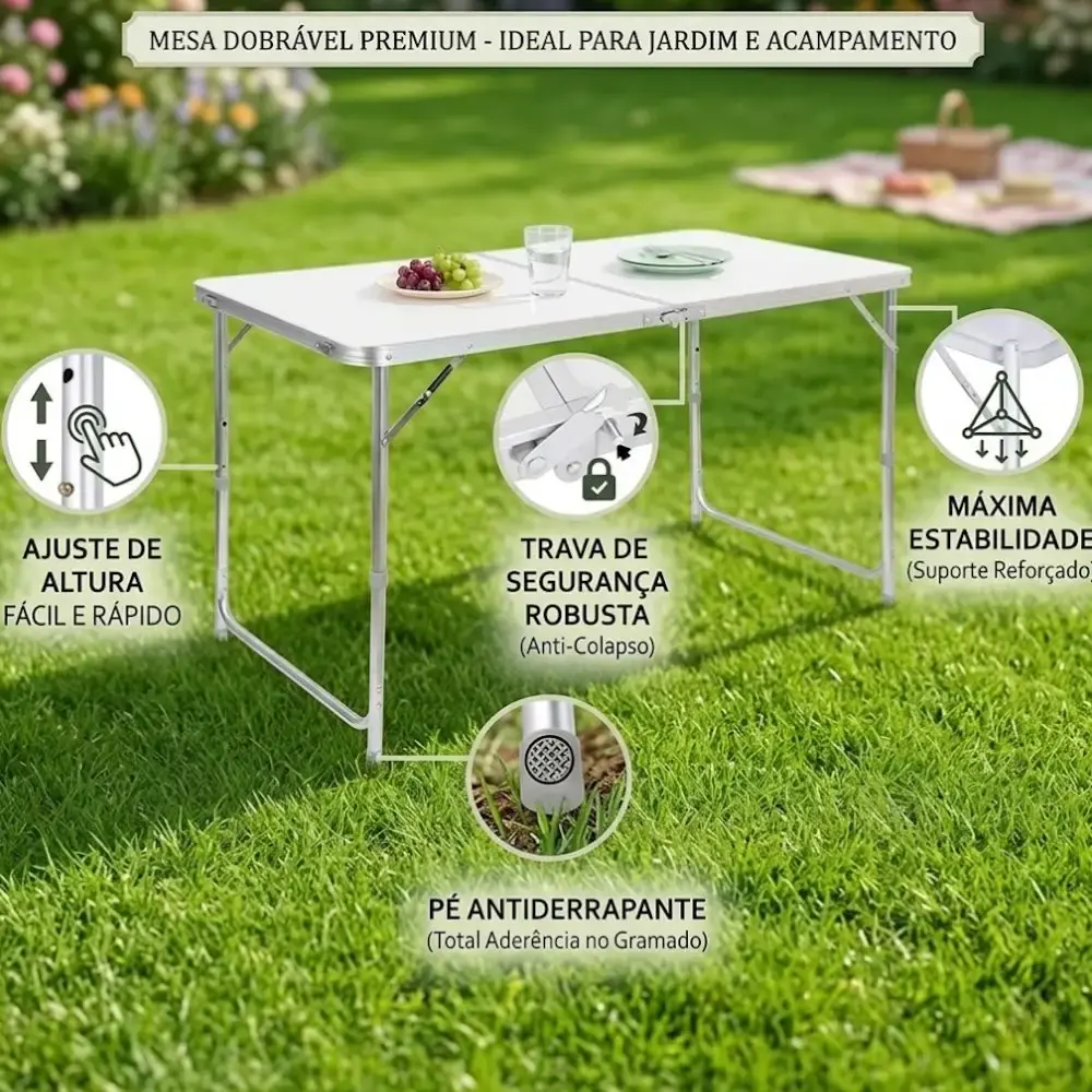 Mesa dobrável vira maleta camping de alumínio 120CM x 60CM branca 3 níveis de altura Zelt — fotografia 5
