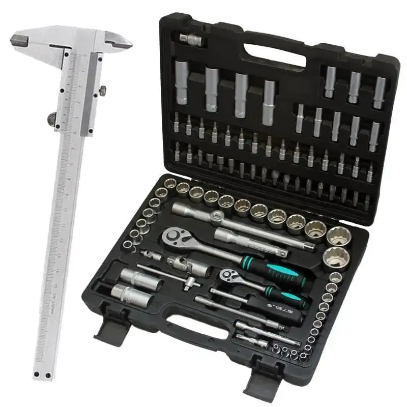 Kit chave catraca soquetes 1/2 e 1/4 aço cr-v 94 peças Stels + paquímetro de aço 6 POL MTX