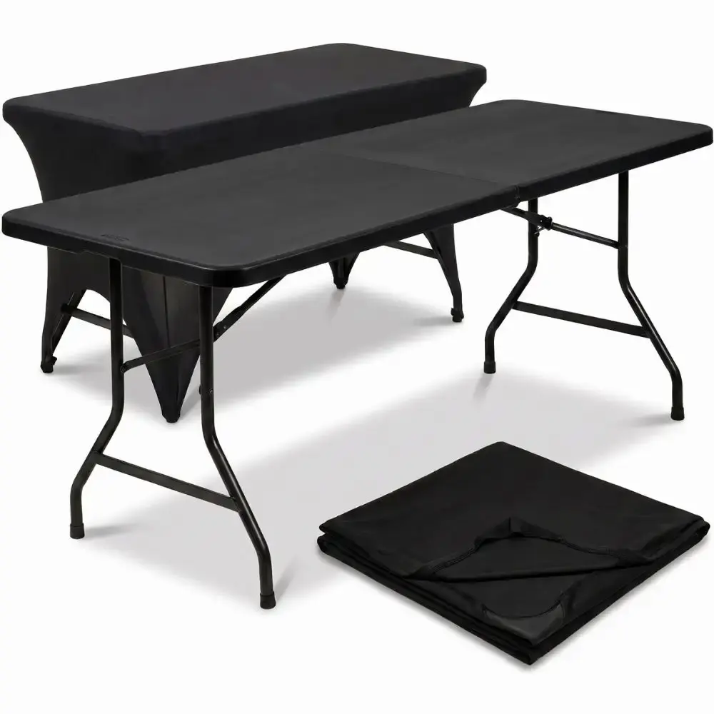 Kit Mesa Dobrável Vira Maleta 180 x 74 x 74 CM com Toalha Capa Retangular Elástica Preta CASA LYS