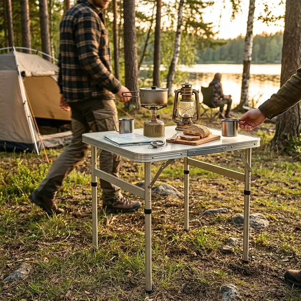 Mesa dobrável vira maleta camping de alumínio 60X45CM branca 2 níveis de altura Zelt — fotografia 2