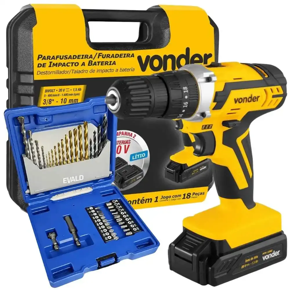 Parafusadeira de impacto 20V com 2 baterias kit brocas 18PÇS vonder e estojo de pontas 41PÇS Evald — fotografia de referência