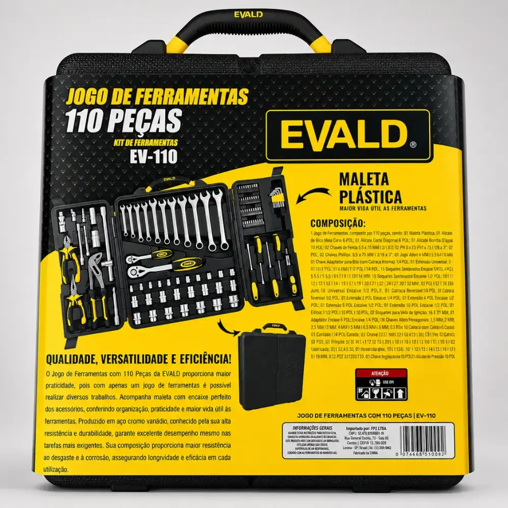 Kit de ferramentas 110 peças cromo vanádio jogo completo com maleta EV-110 Evald — fotografia 6