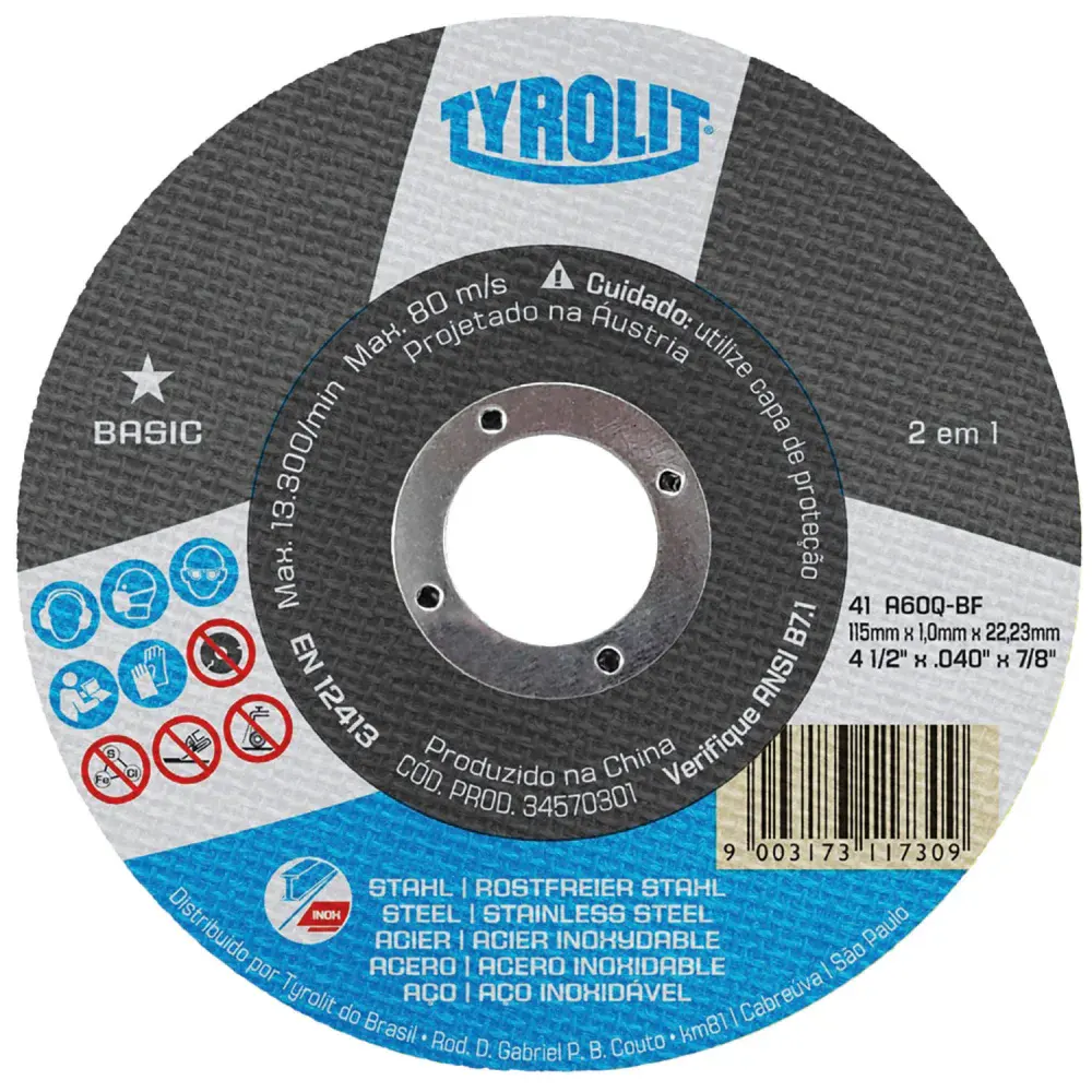 Disco de corte 41C 115X1X22,23MM A60Q-BF caixa com 50 unidades Tyrolit