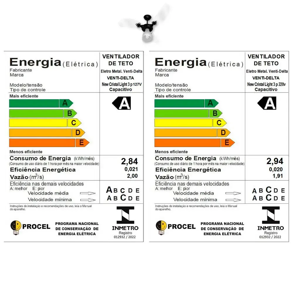 Ventilador de teto 3 pás 130W transparente várias cores Venti-delta 110 V Branco — fotografia 2