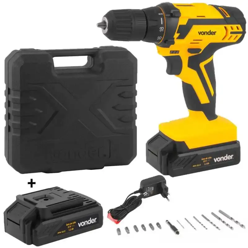 Furadeira Parafusadeira 12V BIVOLT PFV 012 c/ 2 Baterias e Kit de Brocas e Bits VONDER — fotografia de referência