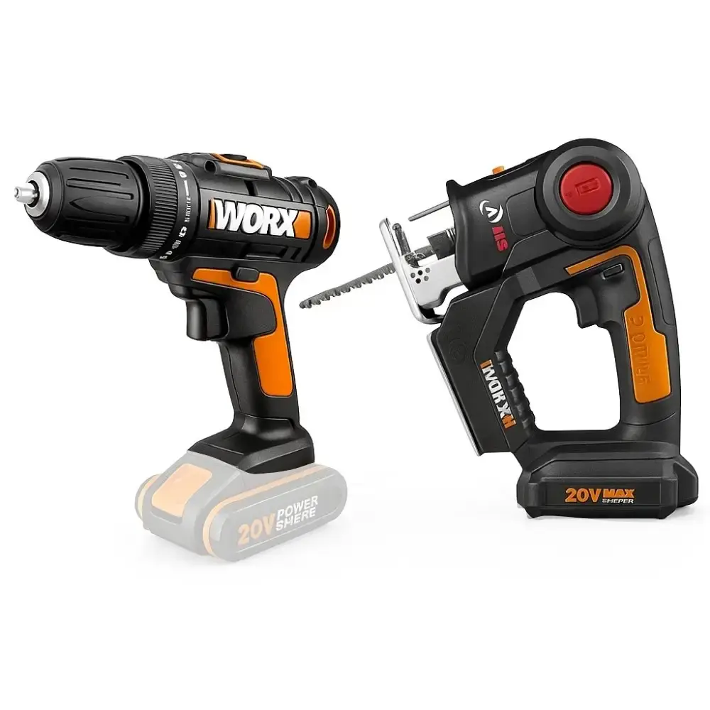 Parafusadeira e furadeira 20V WX100.9 sem bateria e carregador com serra sabre e tico-tico a bateria 20V WX550 Worx — fotografia 3