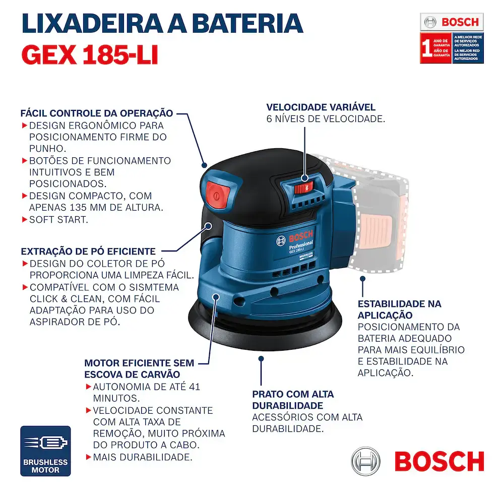 Lixadeira roto orbital à bateria 18V GEX 185-LI sem bateria e sem carregador Bosch — fotografia 9
