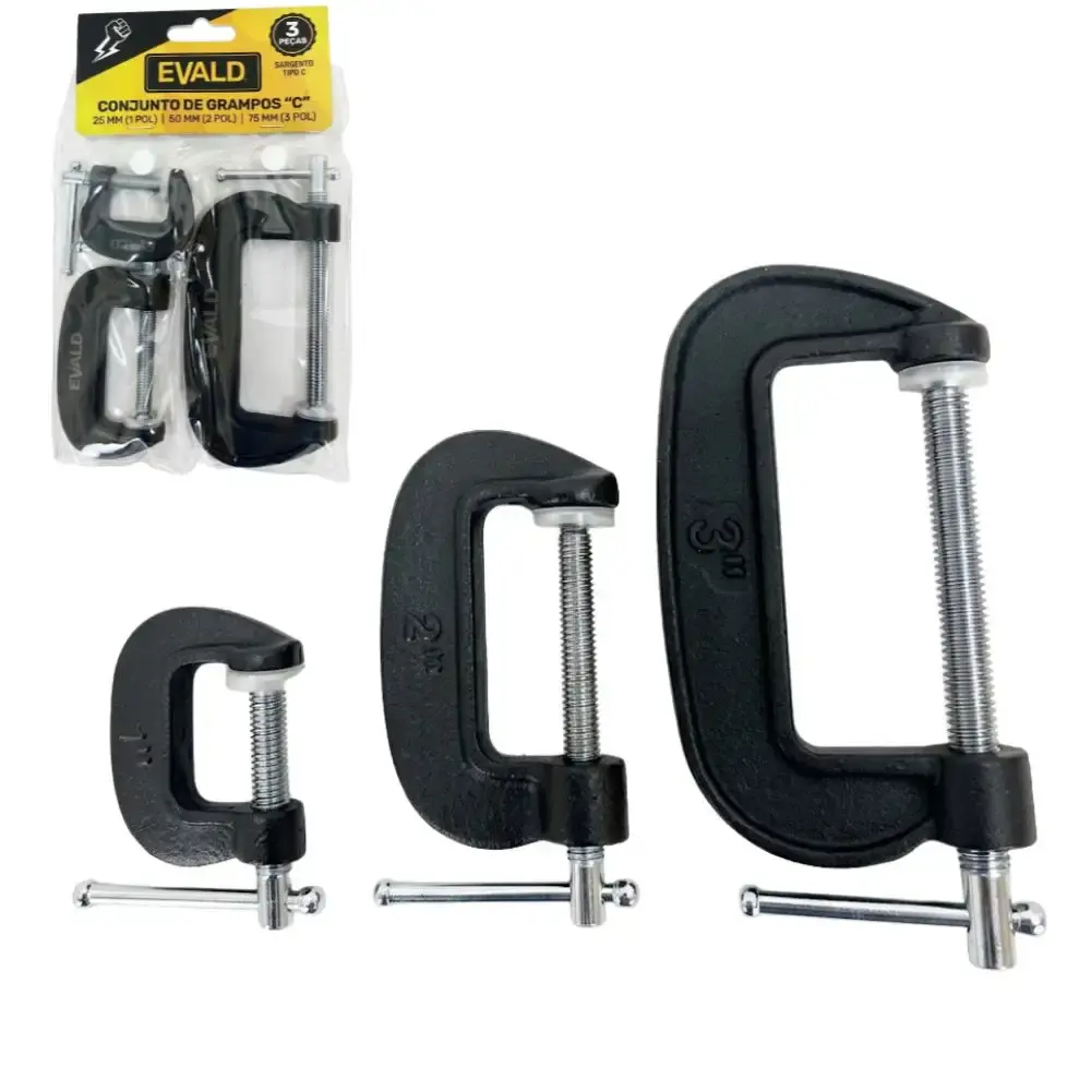 Jogo de grampos sargento tipo c kit com 3 peças Evald