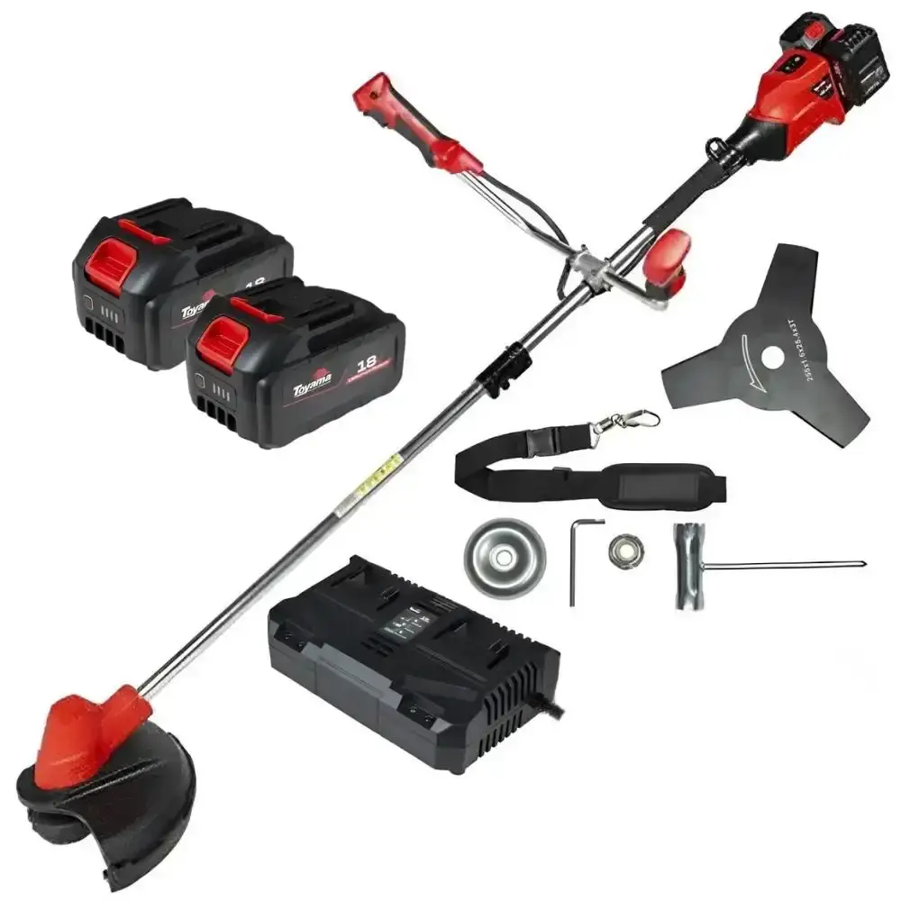 Roçadeira lateral a bateria 18V corte 12POL com carregador duplo e 2 baterias Toyama — fotografia de referência
