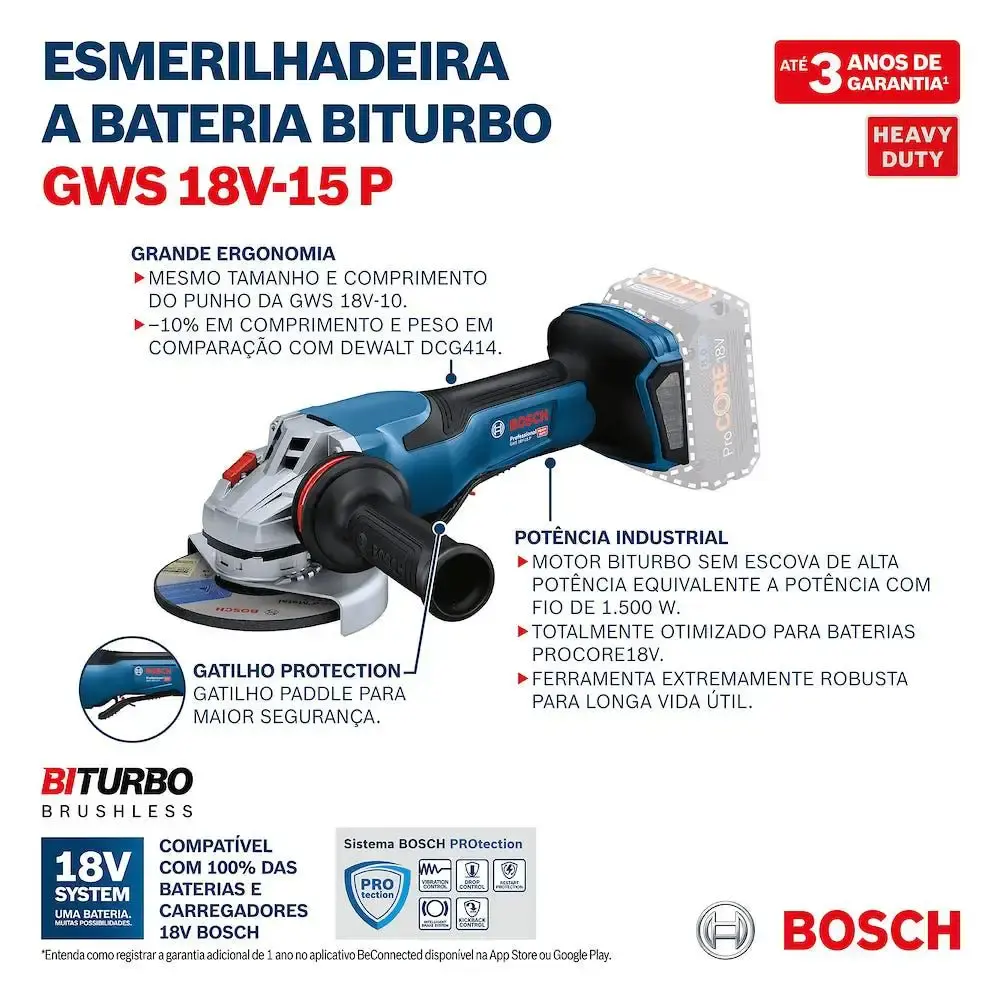 Esmerilhadeira angular 4.1/2 POL sem bateria e sem carregador GWS 18V-15C Bosch — fotografia 7